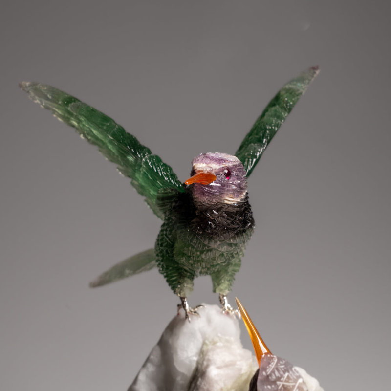 Genuine Hand Carved Fluorite Hummingbirds On A Watermelon Tourmaline In Quartz Matrix (8"H)