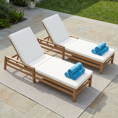 5-Position Adjustable Outdoor Chaise Lounge Set - Natural Wood Frame With Cushions For Patio Seating
