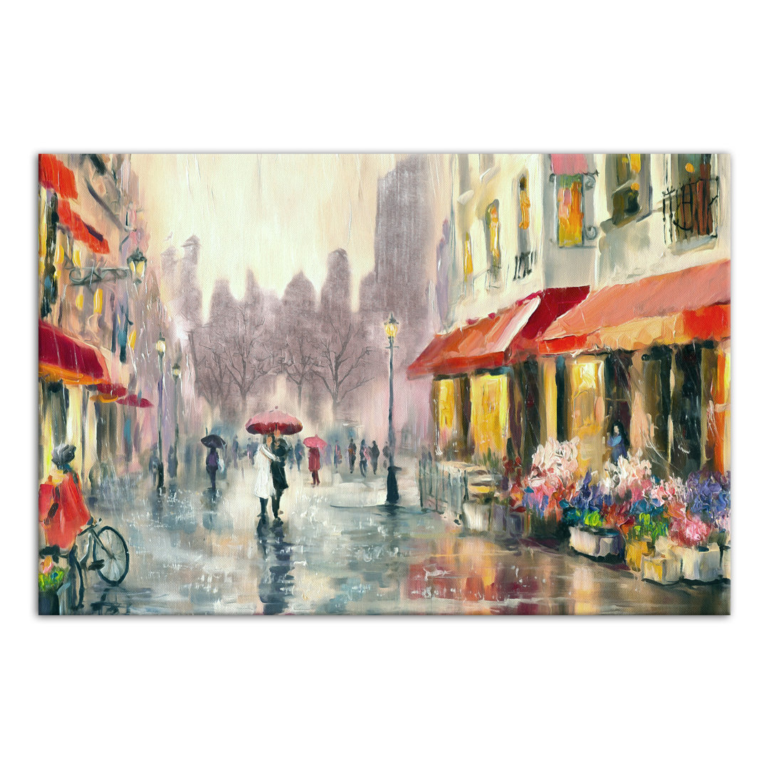 " Red Umbrella In Rainy European City " Painting Print Winston Porter 
