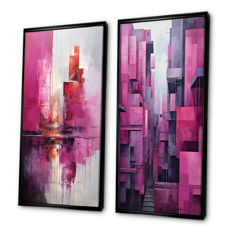 Fuchsia façades gratte-ciel horizon - ensemble de 2 impressions sur toile gratte-ciel, Cadre noir, H 40 po x l 41 po
