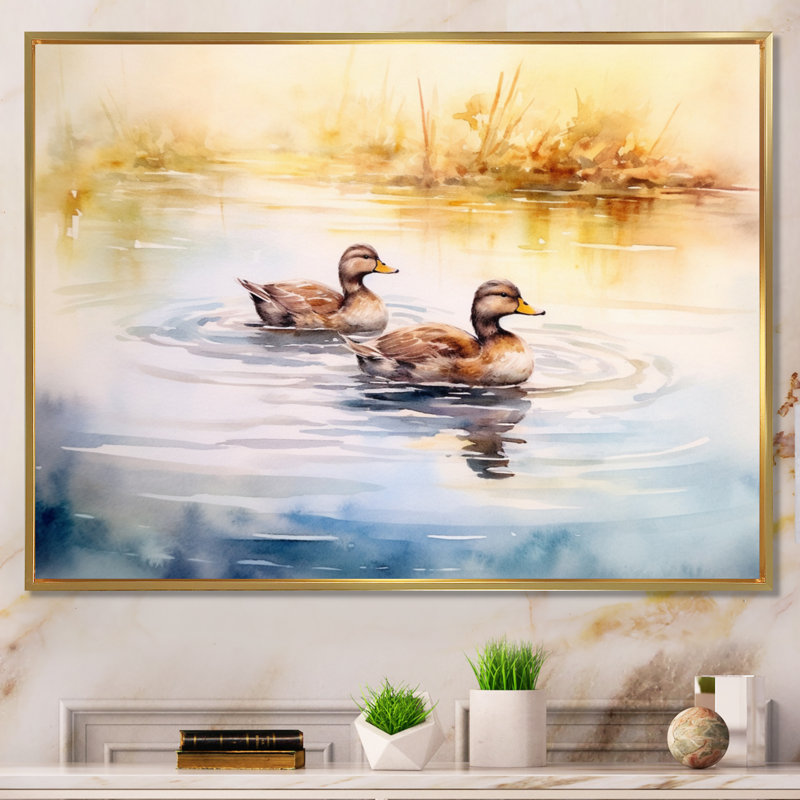 «Ducks in Pond V», reproduction sur toile encadrée, H 12 po x l 20 po x P 1 po, Cadre flottant doré