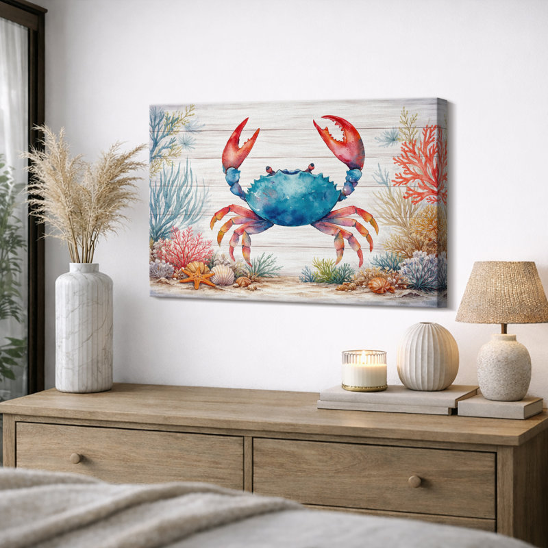 Illustration de crabe, océan côtier, impression sur toile encadrée, H 24 po x l 36 po x P 1,5 po, Toile tendue