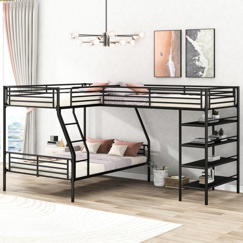 Lit superposé en métal en forme de L avec lit simple au-dessus d'un lit double et lit mezzanine, 4 tablettes, rangement noir - construction, couleur
