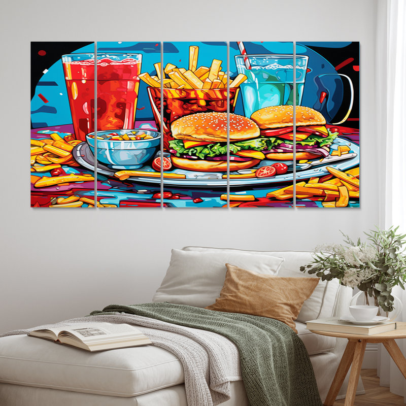 Pop Art Fast Food Hamburger Meal II - impression sur toile de nourriture et de boisson - 5 panneaux égaux