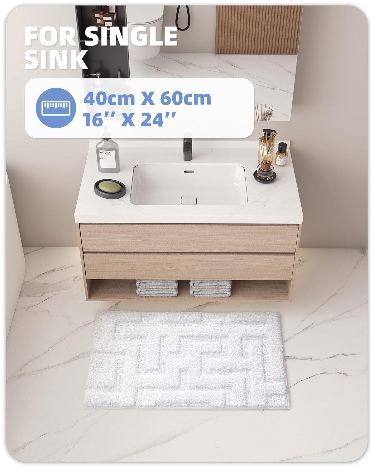 Non-Slip Bath Rug, 16" L x 24" W, White