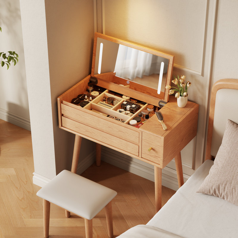 Coiffeuse en bois massif avec miroir inversé et modes d'éclairage, Tanné,  L 31,4 po 