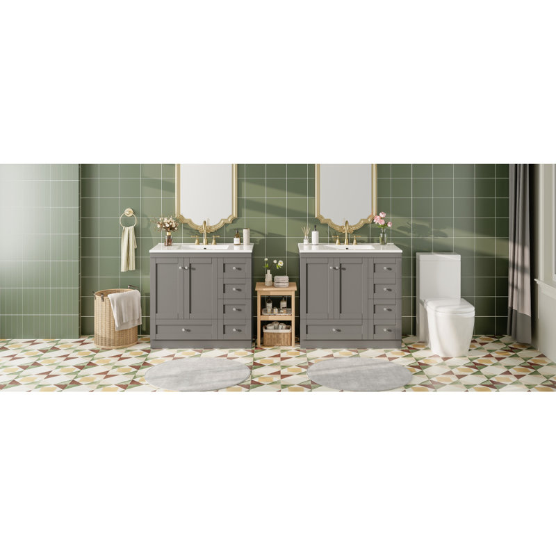 Meuble-lavabo autoportant de 72 po de style Shaker avec lavabo en céramique, tiroirs à fermeture en douceur et portes à fermeture en douceur