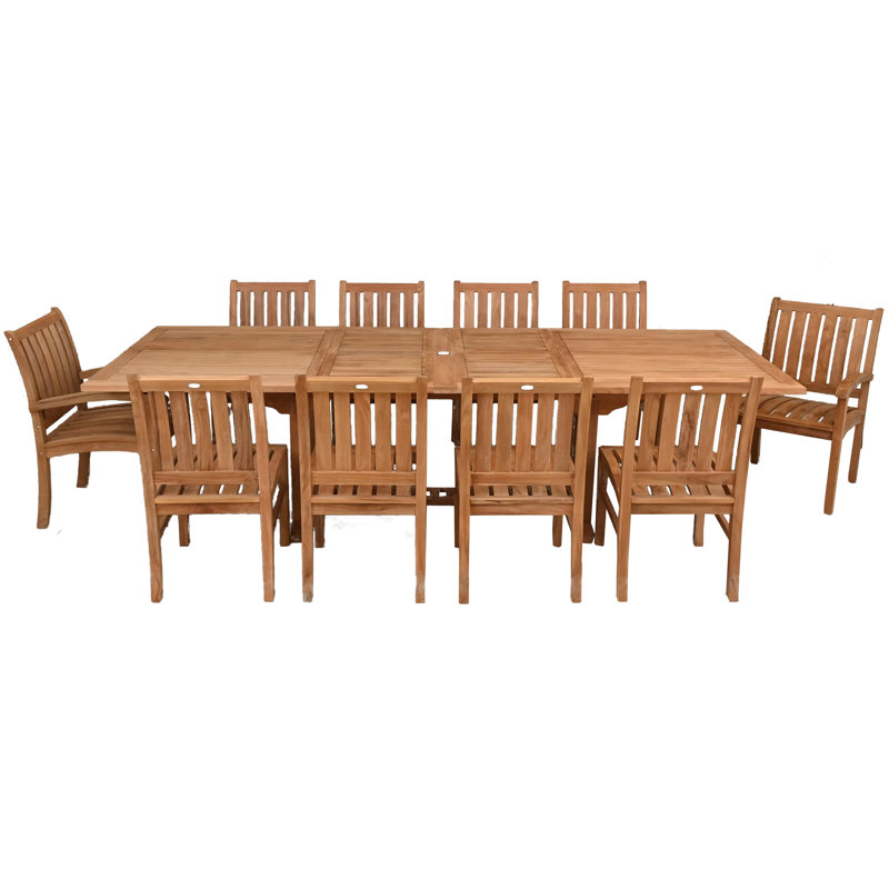 11 Piece Teak Wood Dining Set Including Rectangular Double Extension Table With 2 Abacho Arm Chairs & 8 Side Chairs