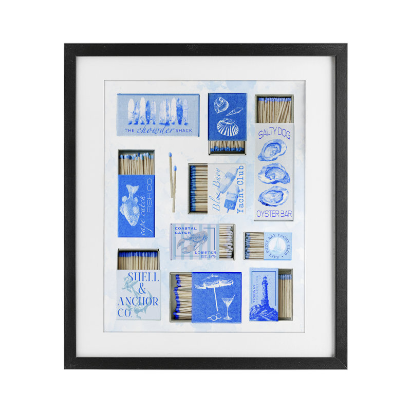 «Blue Coastal Matchboxes», reproduction encadrée sous verre, conception de Ziwei Li, Cadre noir minuit, H 16 po x l 13 po
