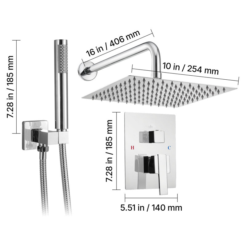 Shower Faucet Set, Rainfall Bathroom Shower System with 10-Inch Square Rain Shower Head and Handheld Spray, Wall Mounted Bath Fixtures with Brass Valve and Trim Kit, Silver Chrome