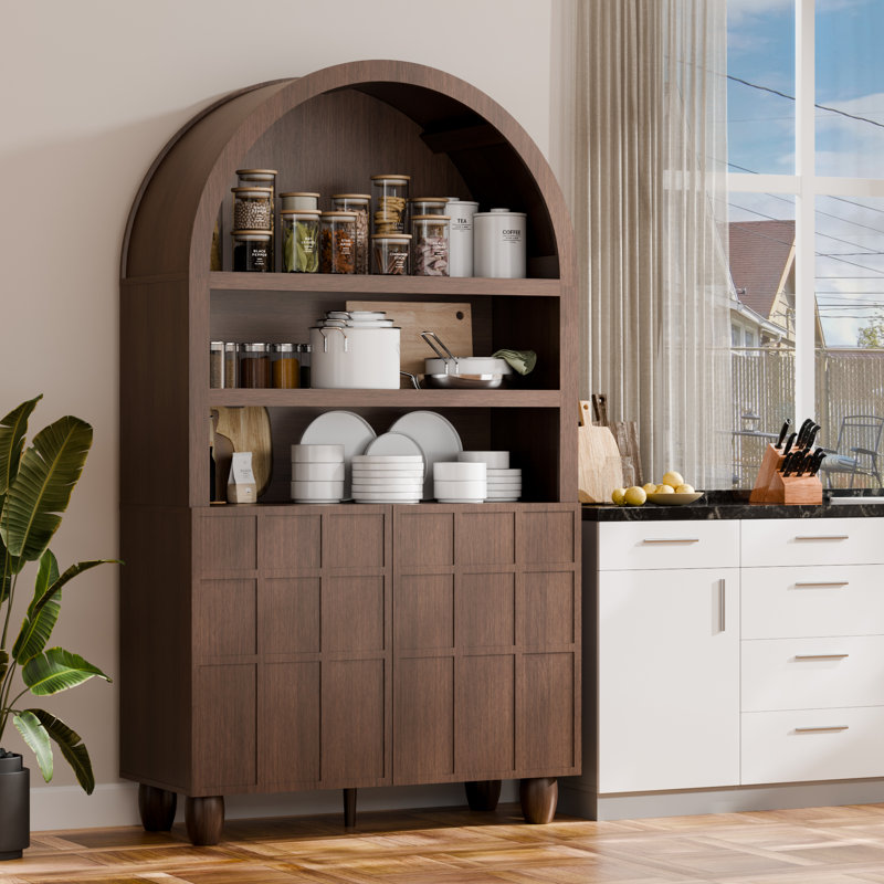 Arched Storage Cabinet With Hidden Sliding Doors, Modern Accent Cabinet With Raised Panel Design