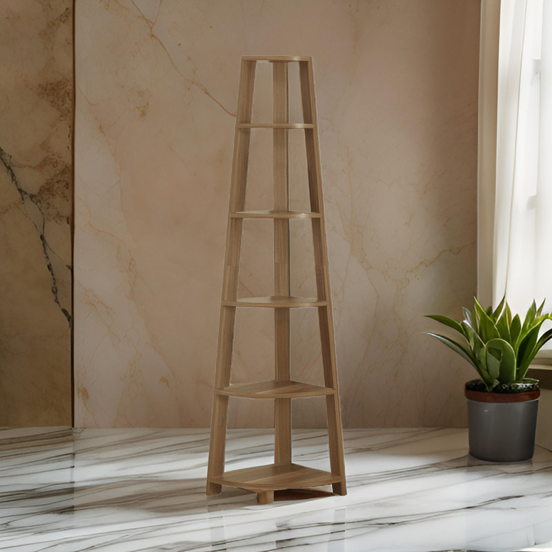 Hewitt Triangular Laminate Bookcase with Space Saving Contemporary Etagere for Office, Bedroom Corner Spaces, Natural