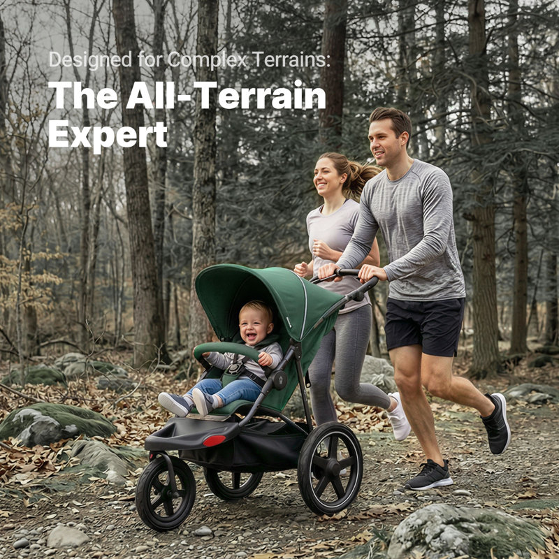 Adjustable Handlebar All-Terrain Frame Jogging Stroller For Babies & Toddlers, Green