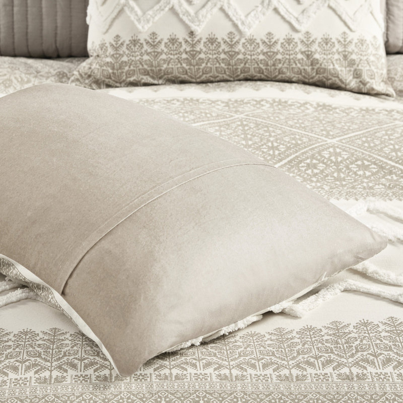 3 Piece King/ King Duvet Cover - Cotton, Chenille Tufting, Updated Print, Taupe Back, Button Closure, Corner Tie Solid Reverse,