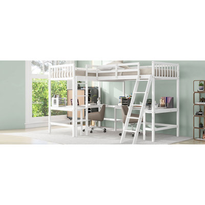 Lit mezzanine blanc en L simple avec 2 bureaux de projet intégrés, lit simple en bois, bureaux de couleur pâle