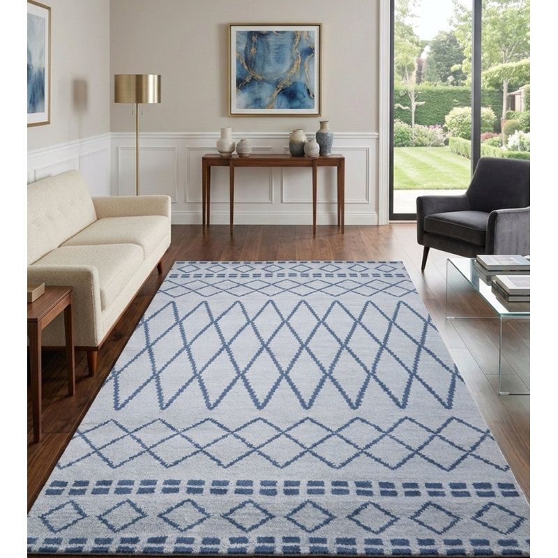 Tapis intérieur géométrique en laine bleu clair noué à la main, Rectangle de 5 pi x 8 pi