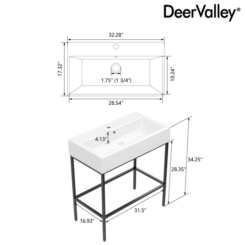 Lavabo de salle de bain console en céramique rectangulaire à trou unique 32 po avec trop-plein, Noir, noir, noir, noir