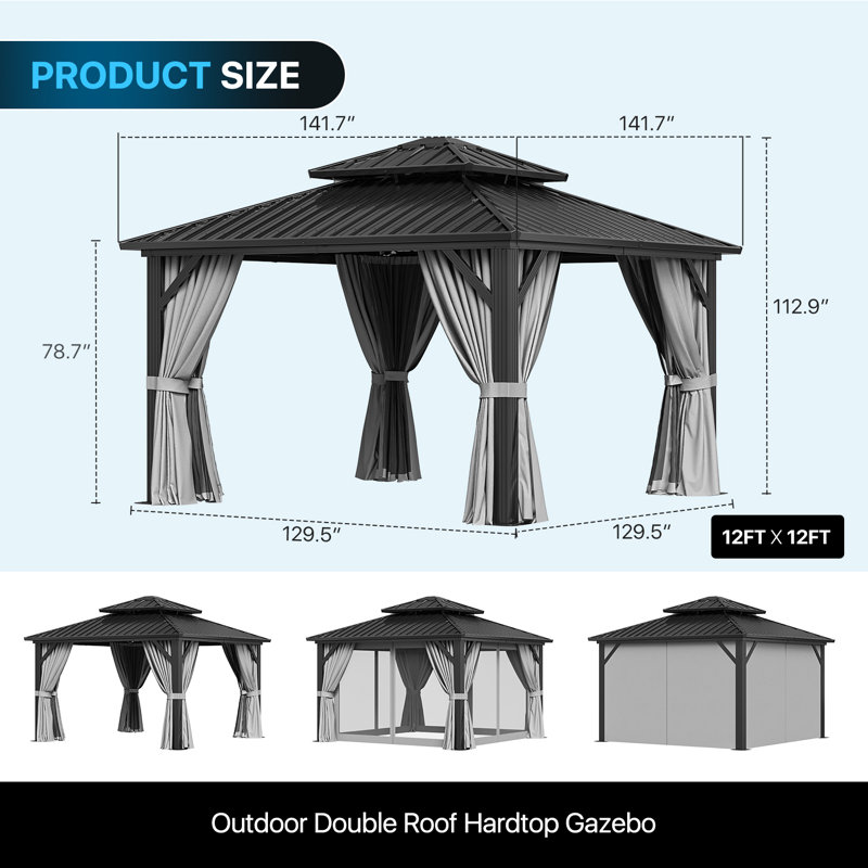 Aluminum Permanent Patio Gazebo with Double Roof, 12 Ft. W x 12 Ft. D
