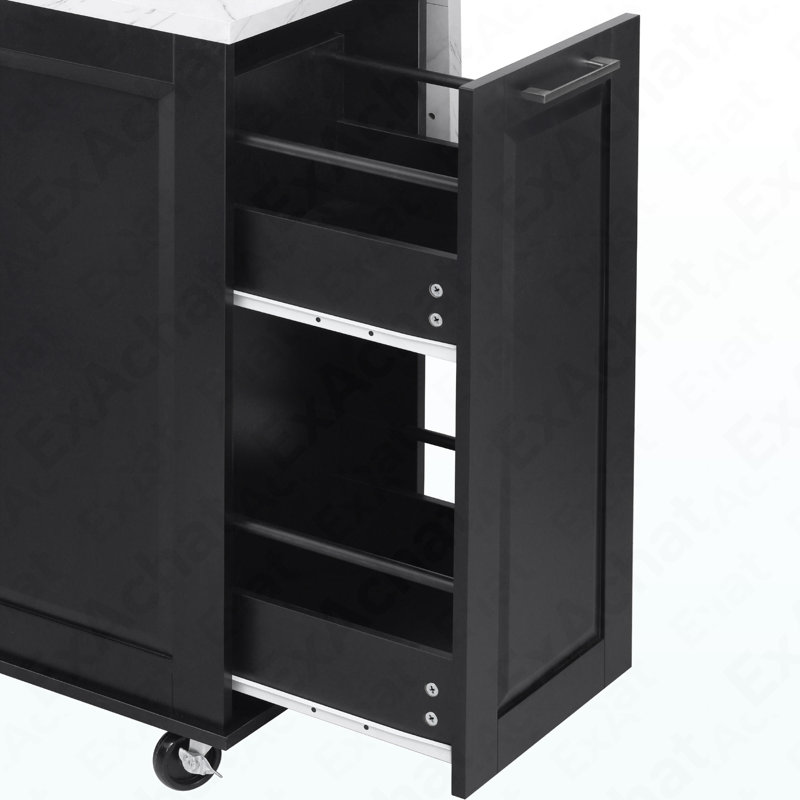 Îlot de cuisine 50,7 po avec rangement pour armoire à ordures basculante et organisateur d'armoire escamotable, Noir