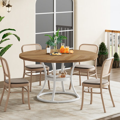 Table de salle à manger ronde pour 4-6, table de salle à manger en bois de 47 pouces avec tablette de rangement, brun et blanc, sans chaises