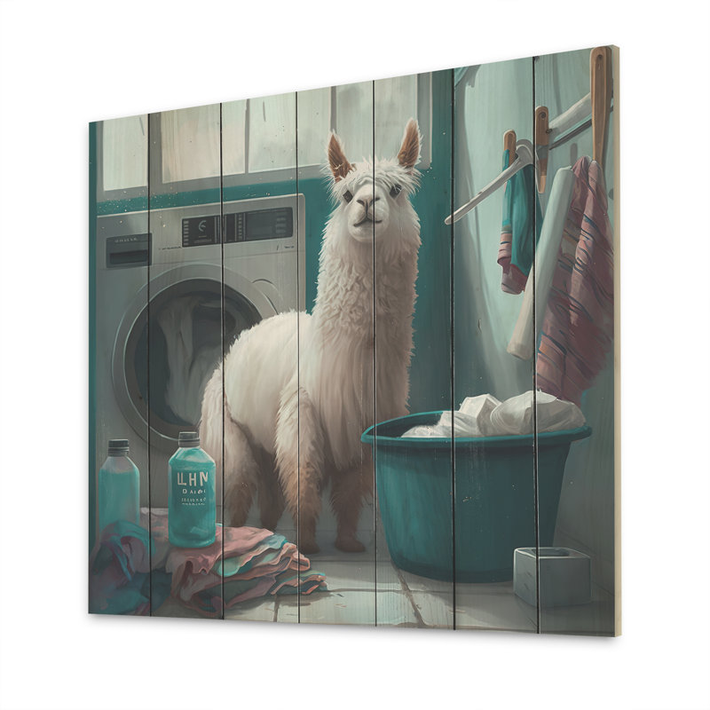 «Ingama Llama In Laundrey Room», reproduction sur bois sans cadre, H 24 po x l 24 po x P 1 po