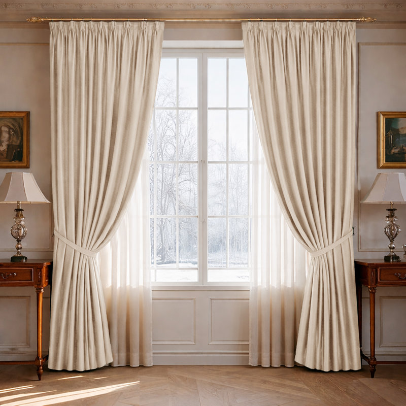 100% Polyester Blackout Pencil Pleat Room Darkening Curtains, 168cm Width x 228cm Drop, Cream
