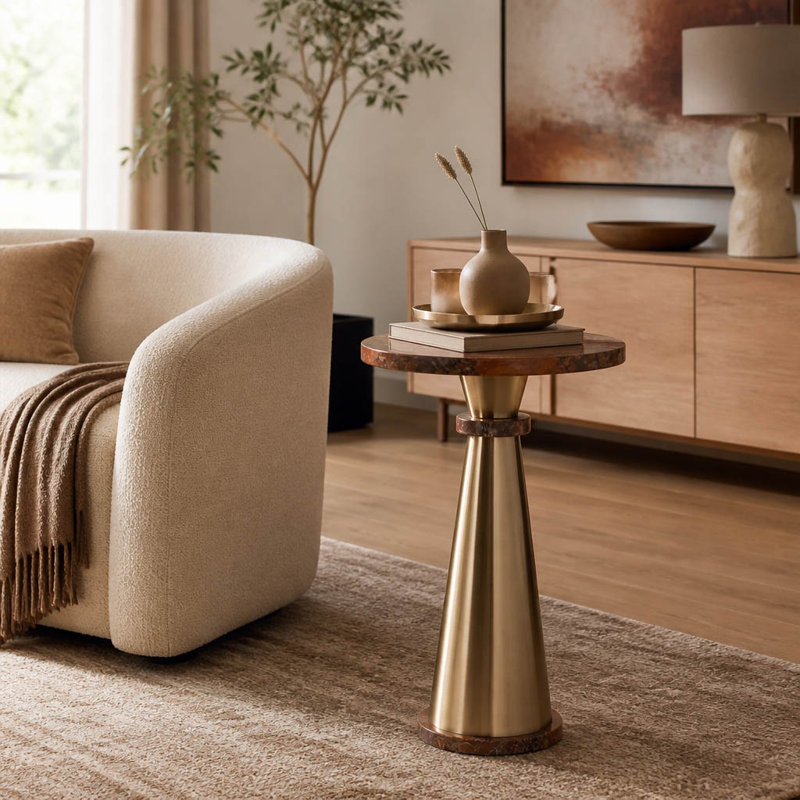 Table d'appoint moderne en métal avec plateau en pierre et base conique, idéale pour un coin lecture - Table d'appoint contemporaine au profil étroit pour le salon - 63,5 cm, couleur or et beige