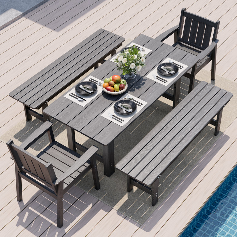 5-Piece HDPE Outdoor Dining Set with Rectangular Table & Bench, 5 Pieces: Table, 2 Benches, 2 Chairs