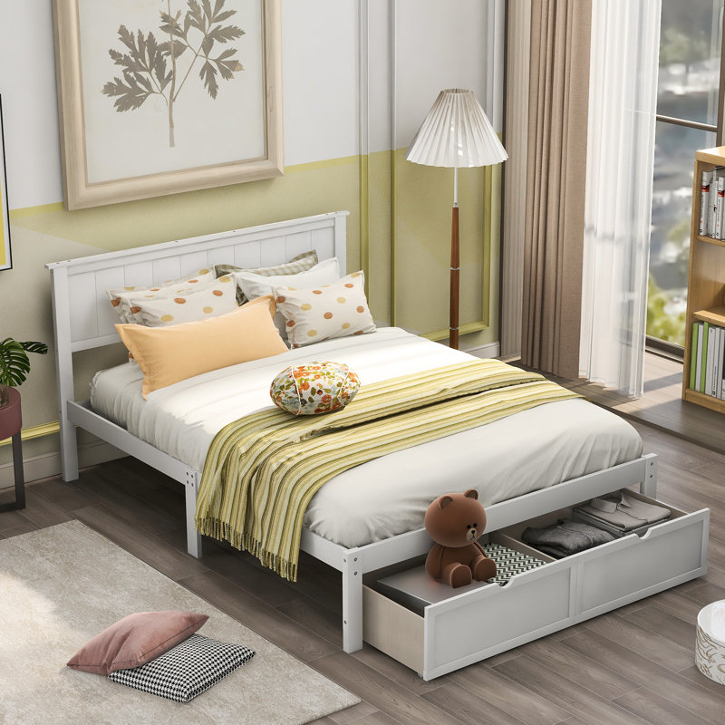 Lit plateforme double en blanc avec sous-tiroirs exceptionnels - pin artisanal et pour une chambre à coucher unique