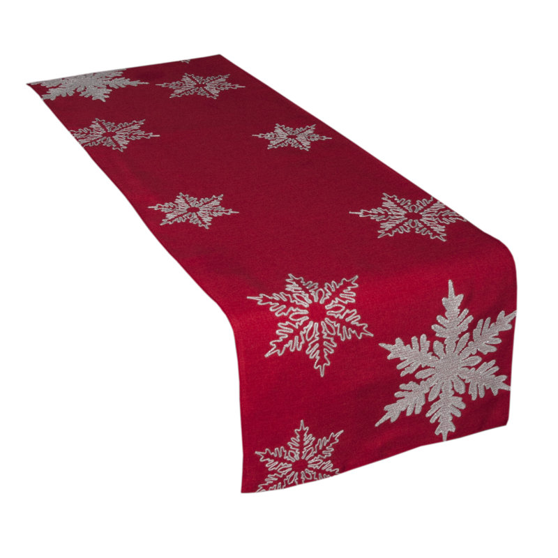 Chemin de table de Noël brodé à motif de flocons de neige, Rouge, 108 po x 16 po