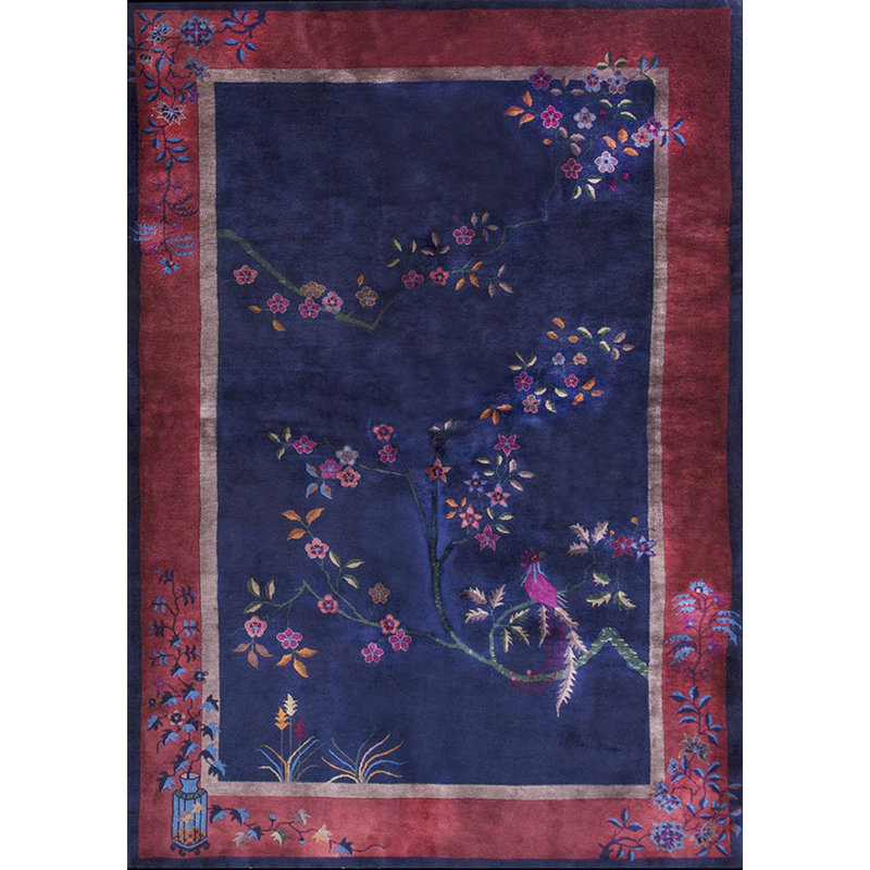 Antique Floral Wool Hand Knotted Pile Blue 1920s Rug