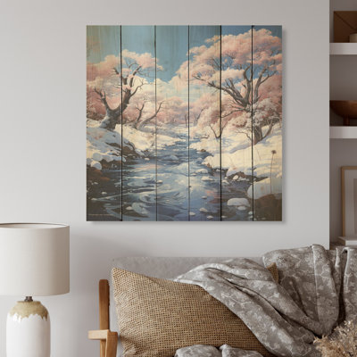 Paysage de charme de neige de rivière d'hiver - art en bois de neige sur bois de pin naturel