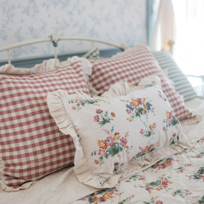 Rosehill Cottage Ruffled Cotton Pillow Cover Set of 3 - Gingham & Floral Dusty Rose Natural Decorative Covers