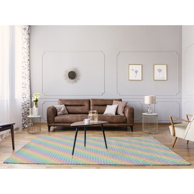 Tapis jaune/mauve/vert balances