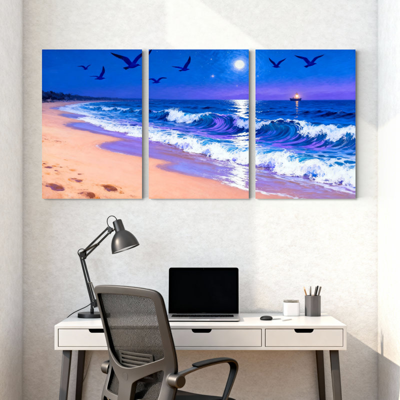 Abstrait plage, vagues, mouettes, coucher de soleil, océan, lune de sable, ensemble de 3 impressions sur toile
