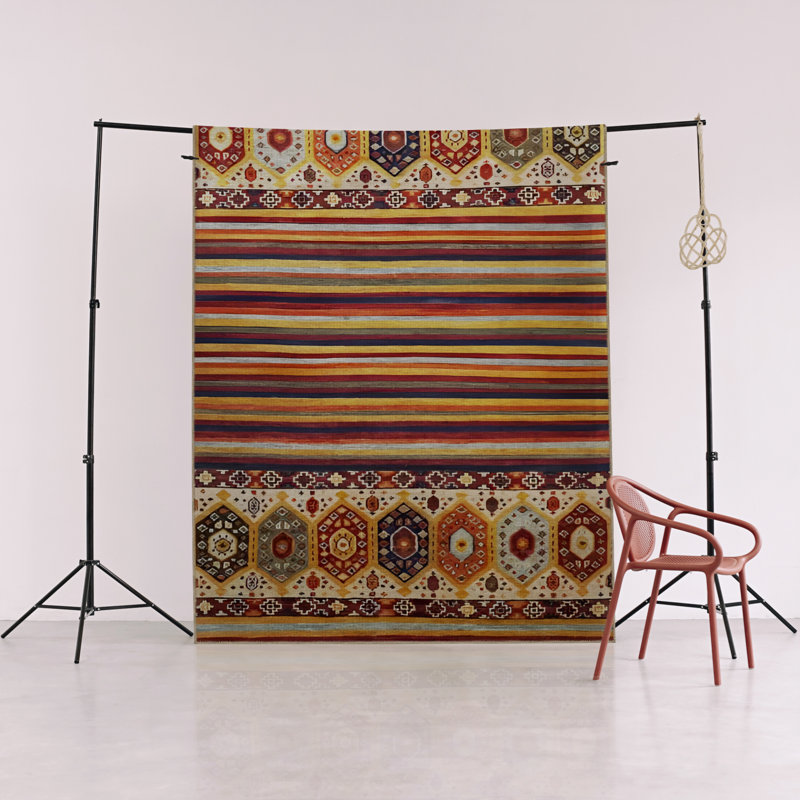 Tapis décoratif moderne à motifs multicolores à motifs foncés et à rayures, Tapis de couloir 3 pi 3,37 po x 6 pi 6,74 po