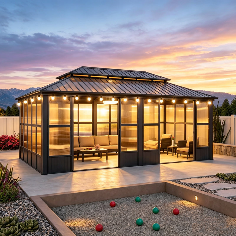 Solarium pour pavillon de jardin avec toit en acier galvanisé, H 120 po x l 222 po x P 132 po