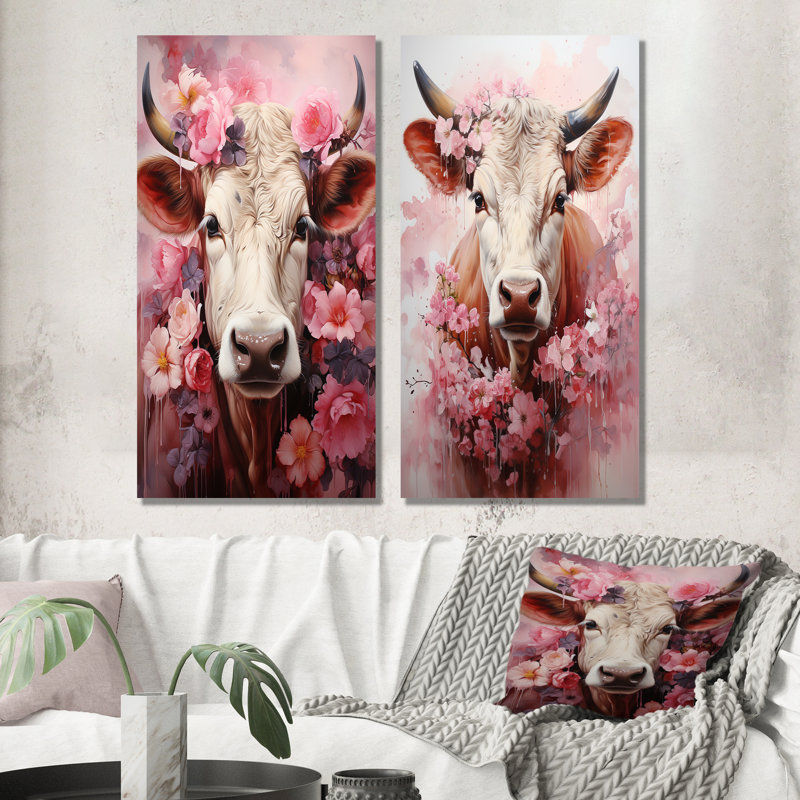 Romantisme, vache rose, ensemble de 3 reproductions d'art en métal, H 28 po x l 24 po