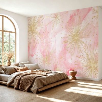 Papier peint adhésif autocollant, aquarelle rose, feu d'artifice, abstrait, célébration abstraite, papier autocollant amovible, décoration murale pour salon, chambre à coucher H 69 po x l 96 po
