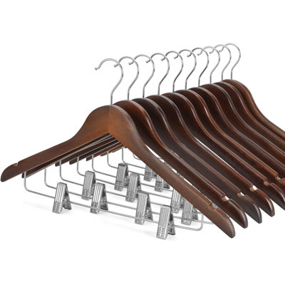 Wooden Suit Hangers with Adjustable Metal Clips (10 Pack), Solid Wood Clothes Hangers, 360° Swivel Hook, Premium Retro Finish Pants Hangers for Clothes Coat