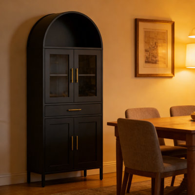 73in Modern Display Bookcase Metal Kitchen Pantry with Storage Drawer and 2 Adjustable Shelves Arched Cabinet with Glass Doors for Living Room Dining Room or Kitchen Black