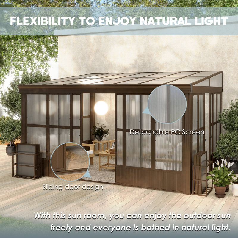 Pavillon de jardin en aluminium 12 po x 14 pi avec toit incliné en polycarbonate, écrans en polycarbonate détachables et 2 portes coulissantes verrouillables