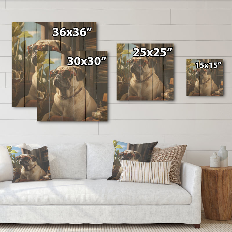 Pekingese Pondering Funny Pug - Art mural sur bois de pin naturel, H 15 po x l 15 po