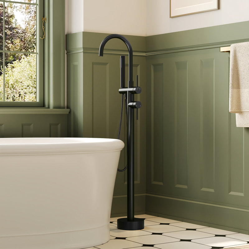 Robinet de baignoire autoportant à fixation au sol avec douche à main, Noir mat