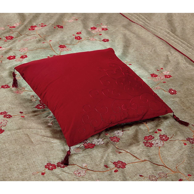 Miki Cherry Blossom Embroidery Comforter Set, Queen Comforter + 2 Standard Shams, Red/Taupe