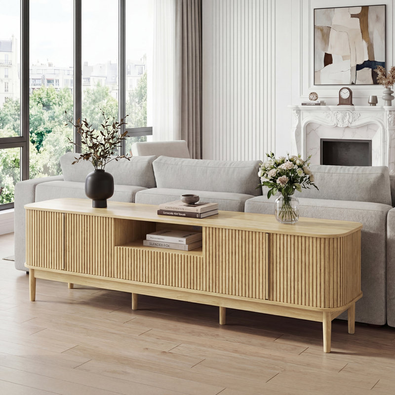 86.6" W Media Console Table,tv Stand For Tvs Up To 85" For Living Room And Bedroom, Oak