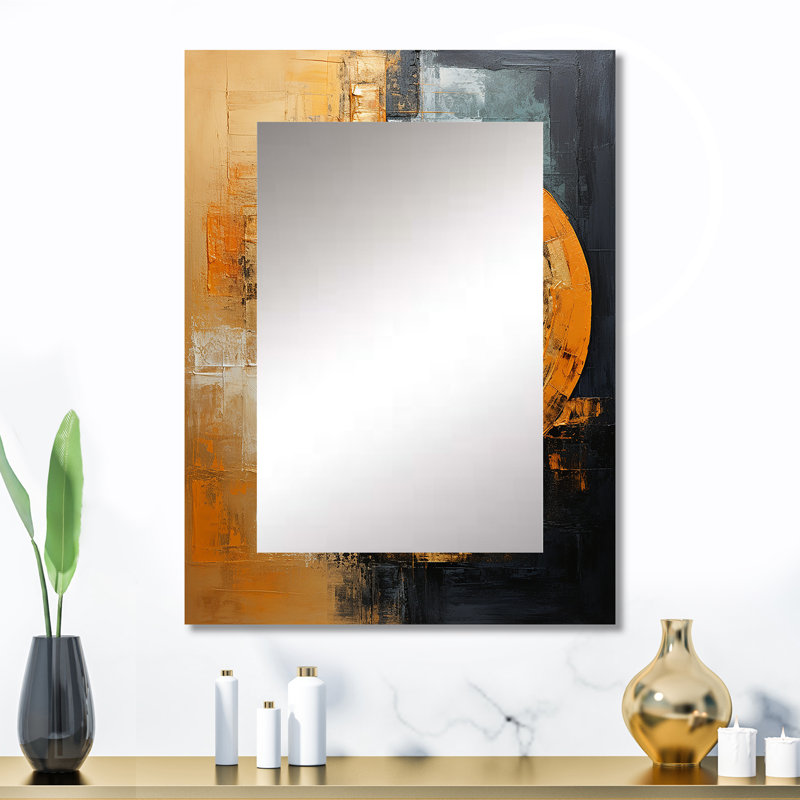 «Black And Copper Crescents I - Abstract Shapes», miroir mural noir, art imprimé en métal, 32 po x 24 po