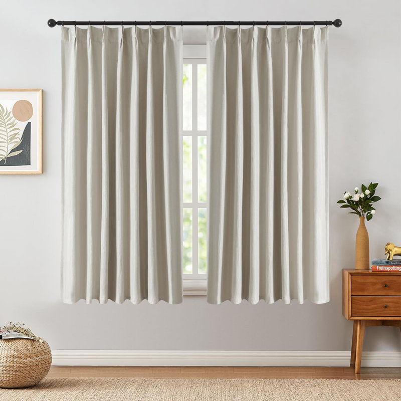 Rideau en lin à plis pincés pour chambre à coucher, L 52 po x L 63 po, Beige-gris