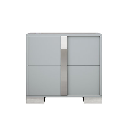 Elegant Nightstand, Metal Handle, Mirrored, 2 Drawers, Grey