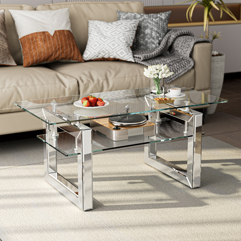 Glass Coffee Table With 2 Tier Glass Boards & Sturdy Metal Legs, Mirrored Clear Rectangle Glass End Table Coffee Tea Table For Home Office